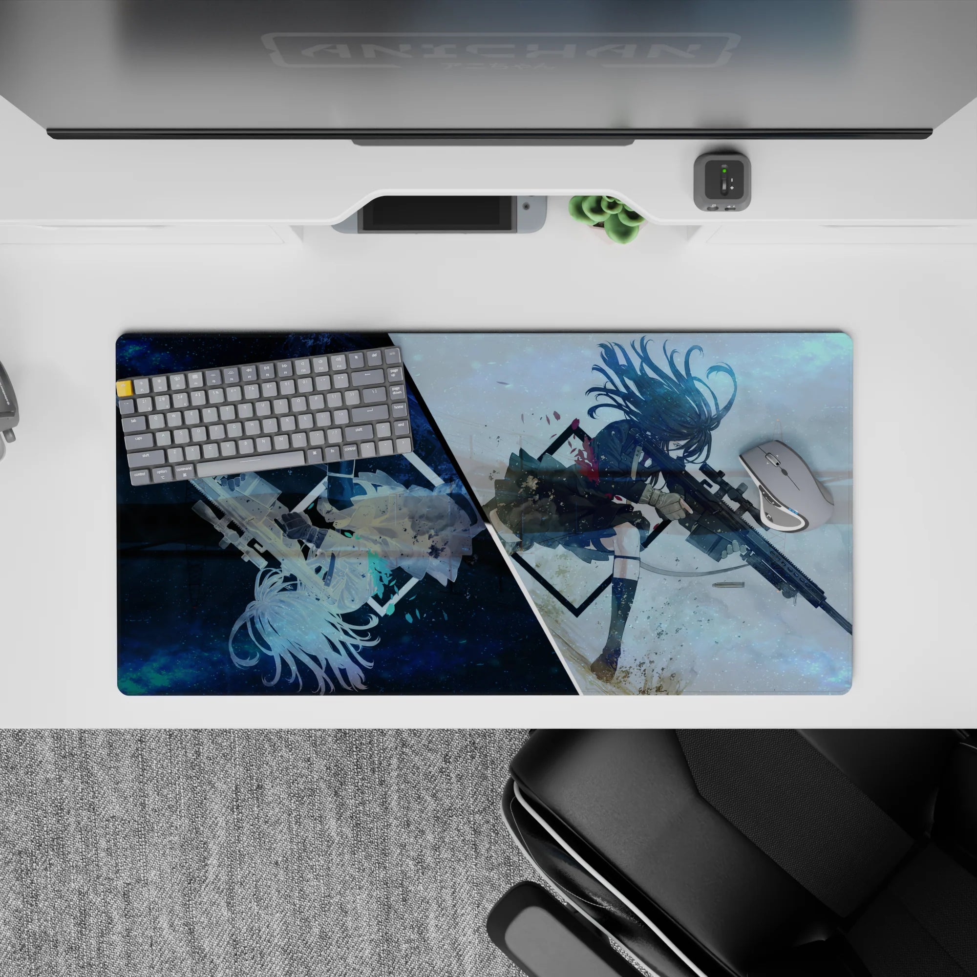 Anime girl mouse pad 32x16 inches in cool galaxy blue and stormy white haze, fast cinematic vibe.