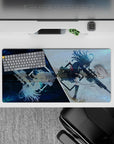 Anime girl mouse pad 32x16 inches in cool galaxy blue and stormy white haze, fast cinematic vibe.