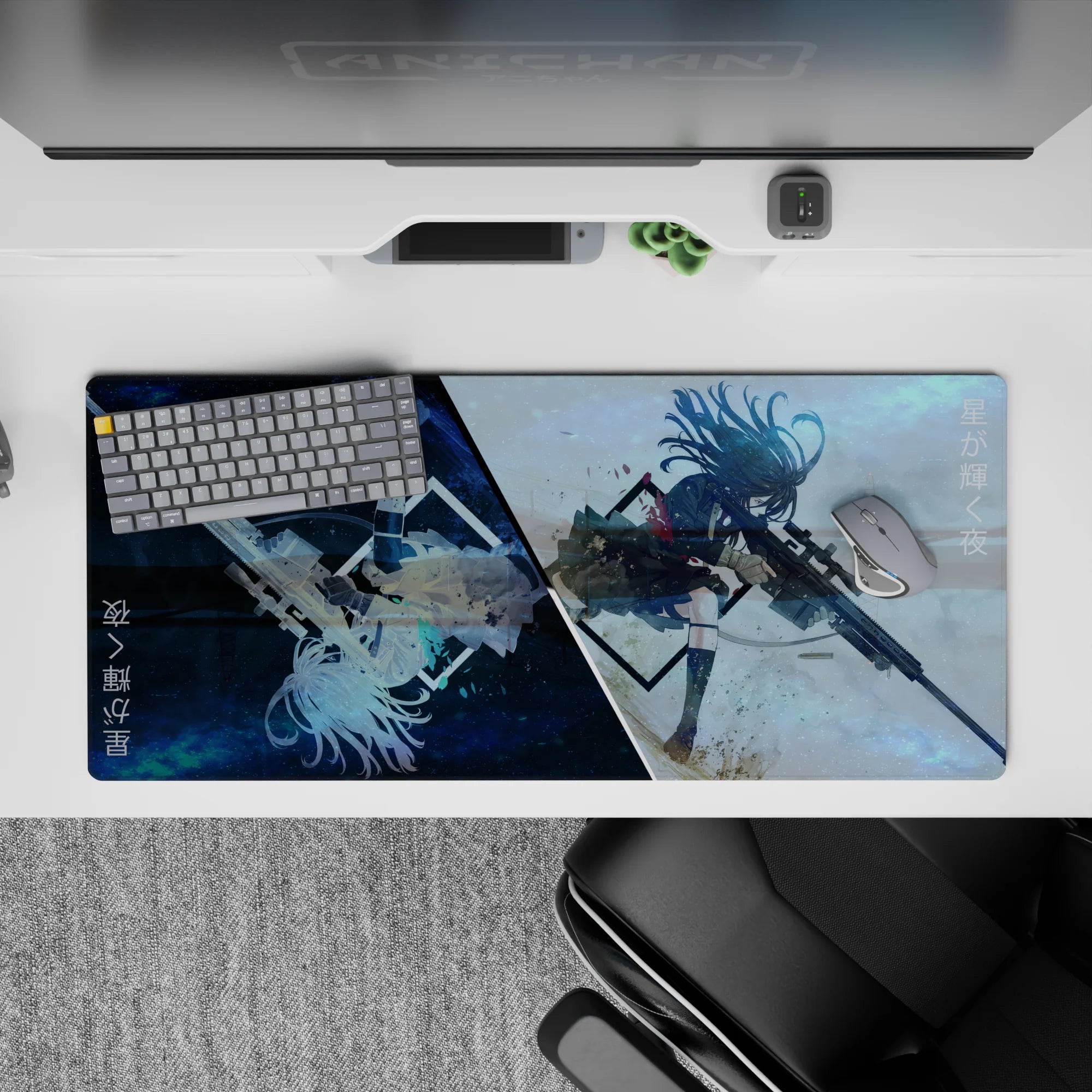 Cool galaxy-blue vs pale storm haze anime desk pad 36x16 inches, fast cinematic vibe, smooth tracking.