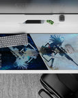 Cool galaxy-blue vs pale storm haze anime desk pad 36x16 inches, fast cinematic vibe, smooth tracking.
