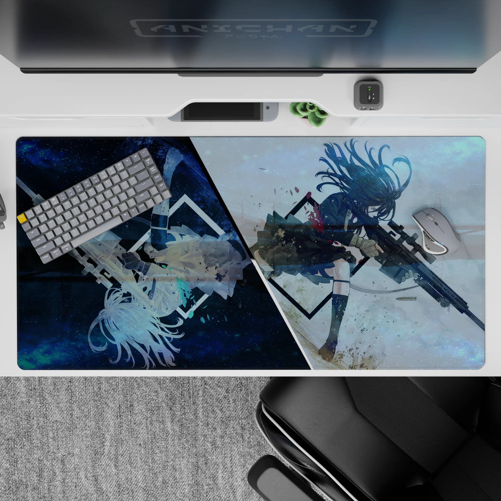 40x20 inches anime desk pad in cool galaxy blue and pale storm haze, fast cinematic vibe, smooth tracking.