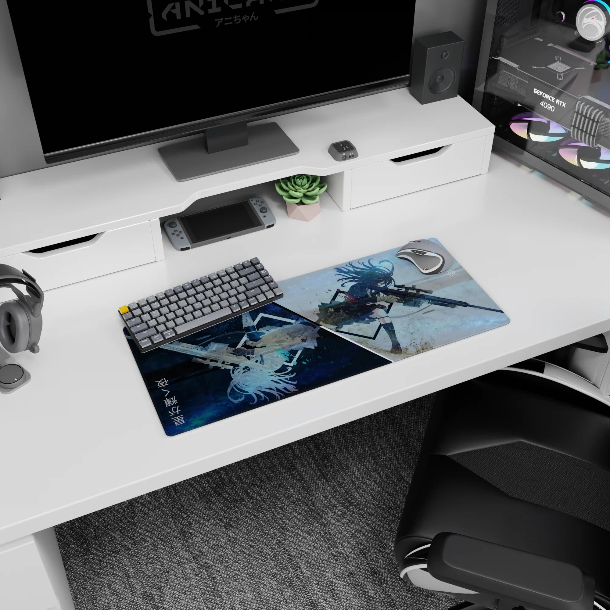 28x12 inches mouse pad showing fierce anime girl mid-air with long sniper rifle, windblown hair and skirt.