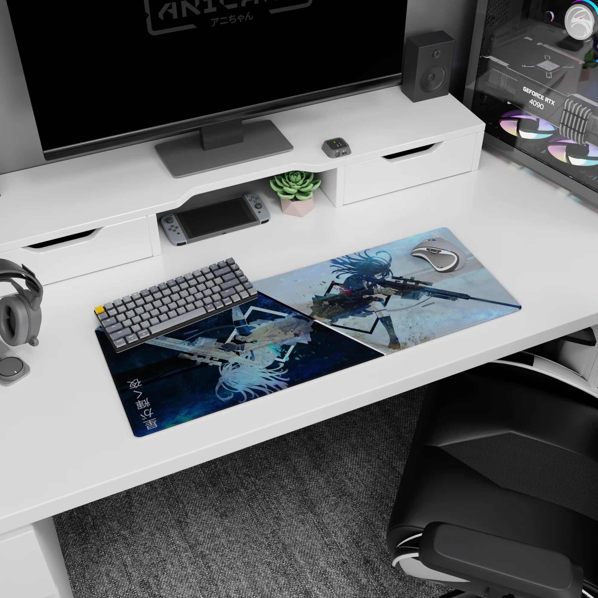 32x12 inches mouse pad showing airborne anime girl with long sniper rifle, windswept hair and fluttering skirt.