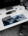 32x12 inches mouse pad showing airborne anime girl with long sniper rifle, windswept hair and fluttering skirt.