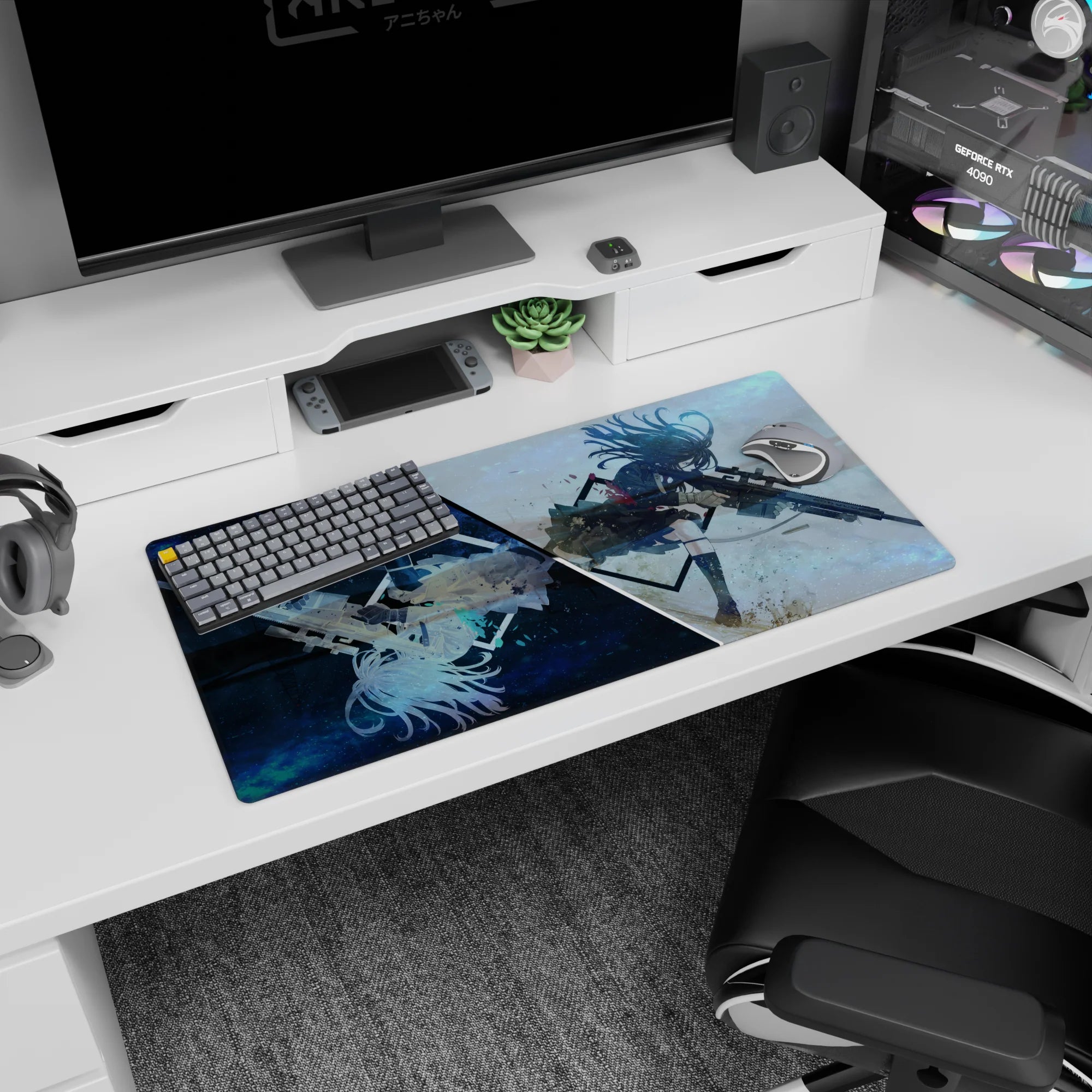 Anime girl mouse pad 32x16 inches featuring airborne sniper girl with long rifle, windblown hair and skirt.