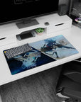 Anime girl mouse pad 32x16 inches featuring airborne sniper girl with long rifle, windblown hair and skirt.