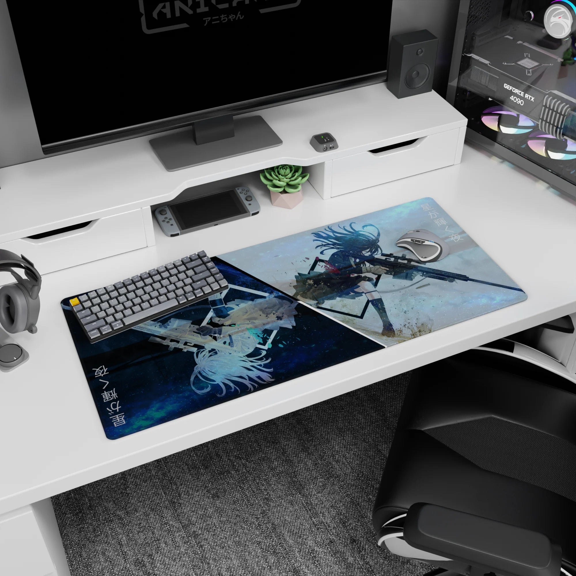 Fierce anime girl mid-air aiming long sniper rifle on desk pad 36x16 inches, hair whipping, skirt fluttering.