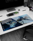Fierce anime girl mid-air aiming long sniper rifle on desk pad 36x16 inches, hair whipping, skirt fluttering.