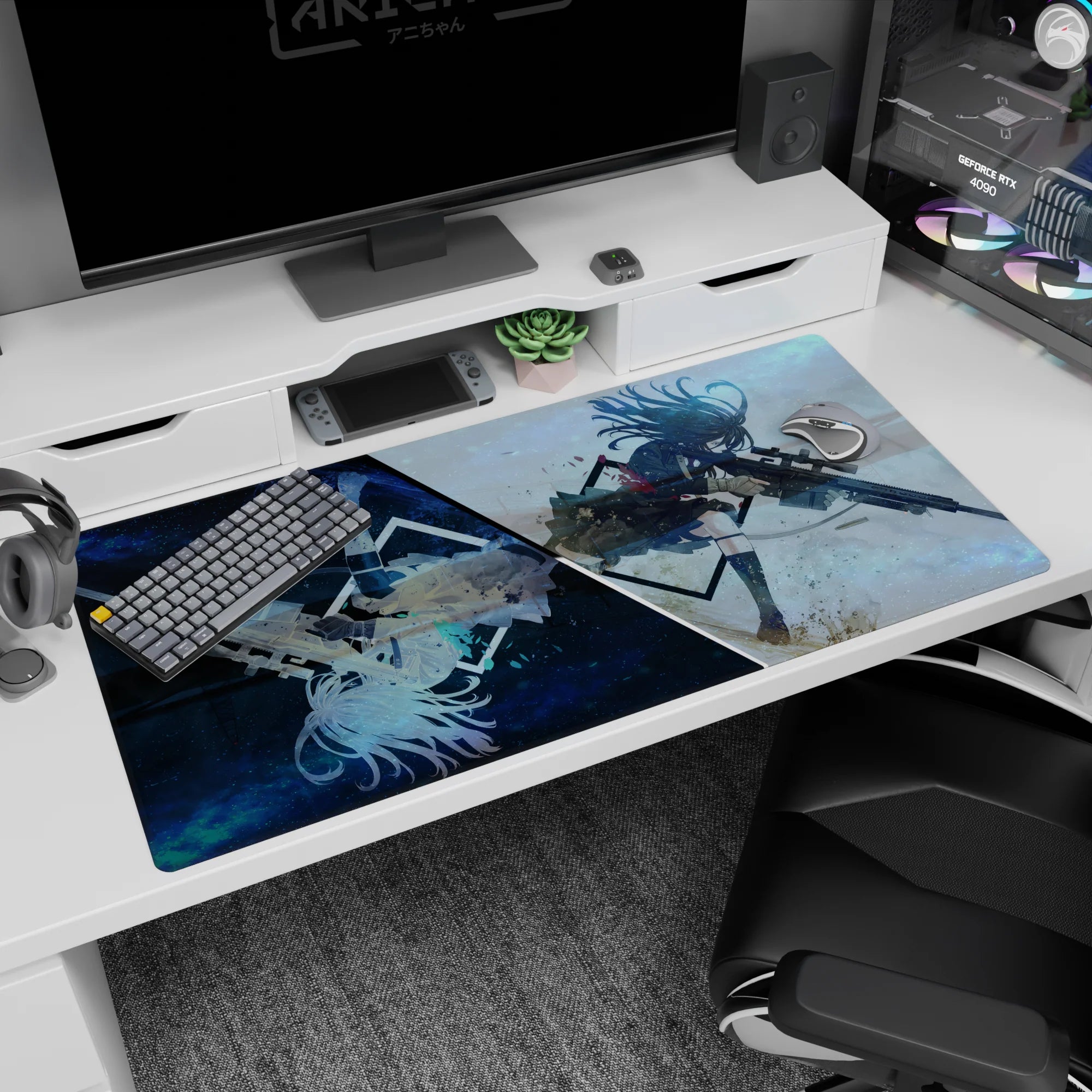 40x20 inches desk pad featuring fierce airborne anime girl with long sniper rifle, windblown hair and fluttering skirt.