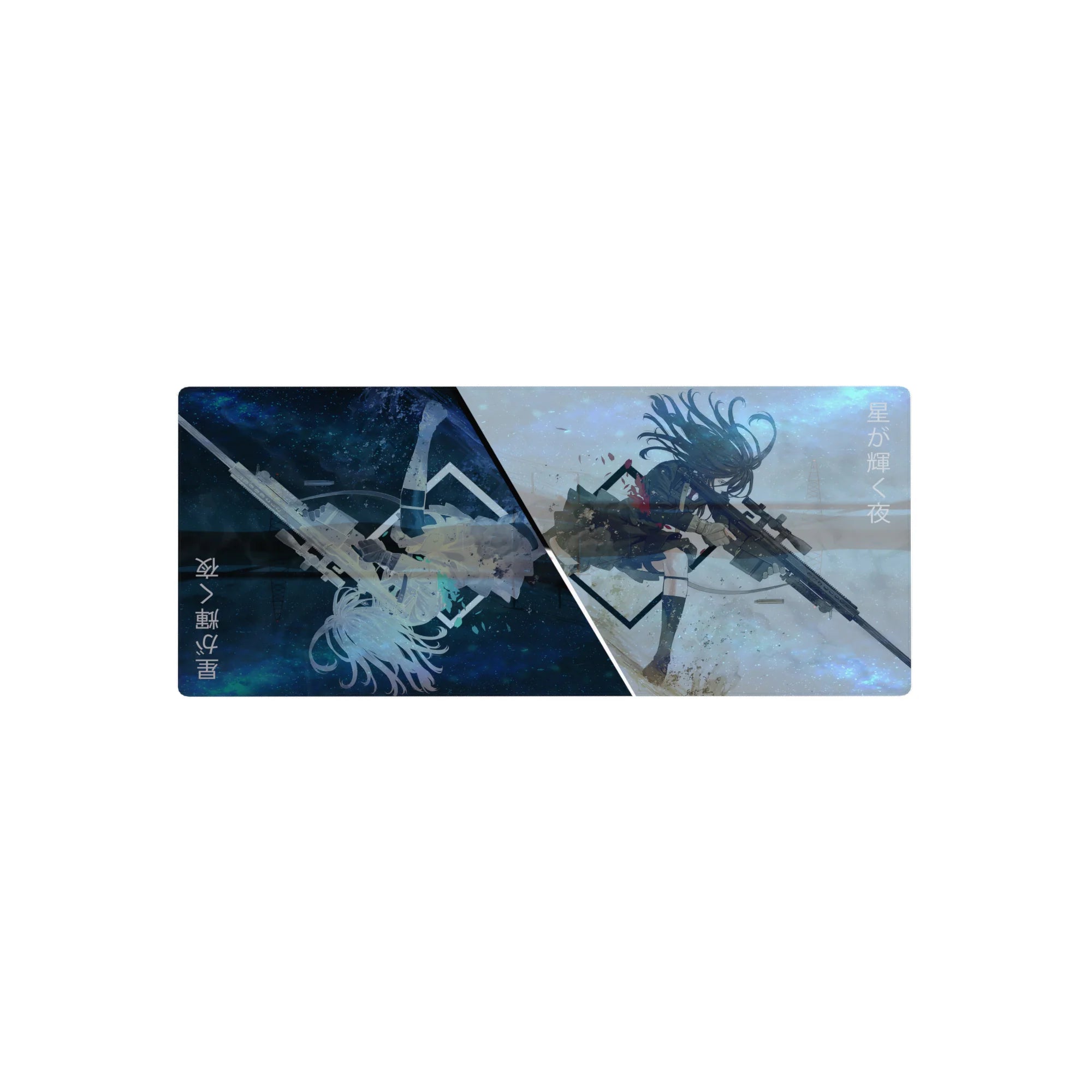 28x12 inches anime girl mouse pad with split blue galaxy and pale haze, mirrored silhouette, sniper rifle.