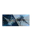 28x12 inches anime girl mouse pad with split blue galaxy and pale haze, mirrored silhouette, sniper rifle.