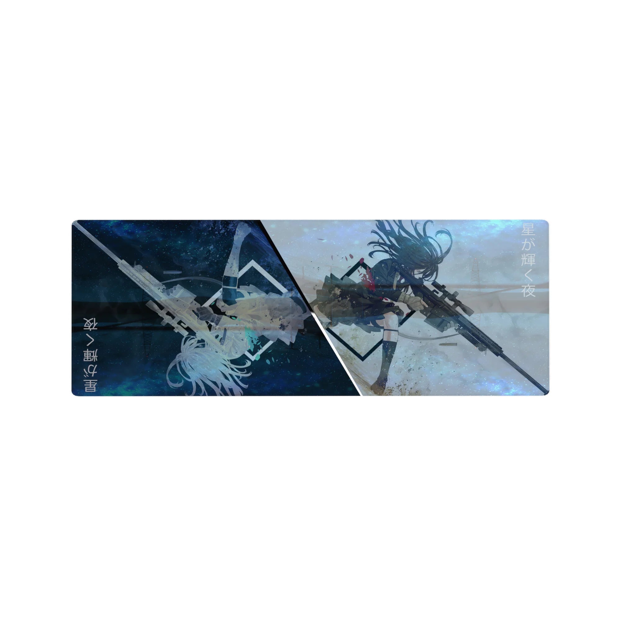 32x12 inches anime girl mouse pad with split galaxy-blue and storm haze, mirrored silhouette, sniper rifle art.