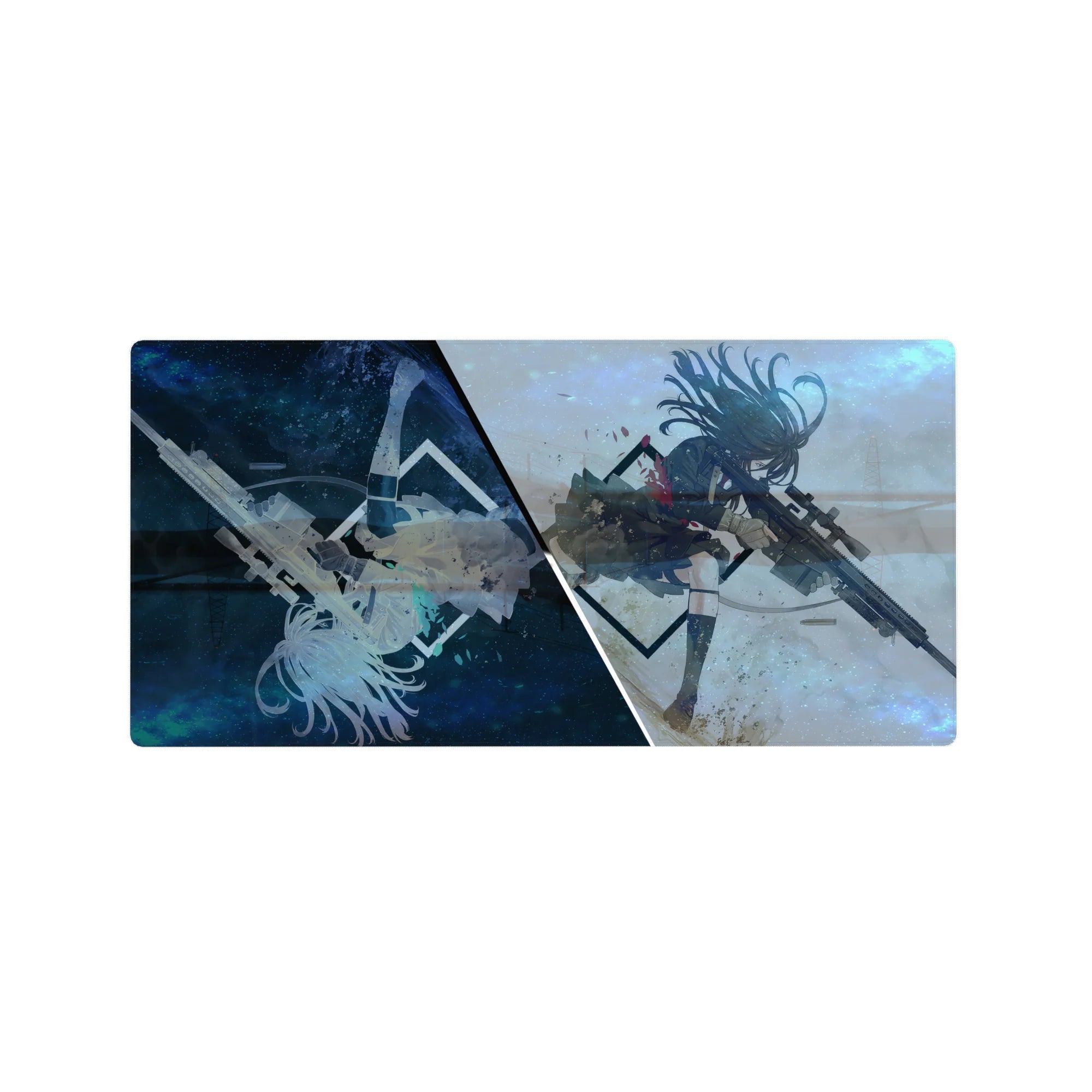 Anime girl mouse pad 32x16 inches with split blue galaxy and pale haze, mirrored silhouette graphic.