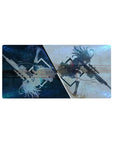 Anime girl mouse pad 32x16 inches with split blue galaxy and pale haze, mirrored silhouette graphic.