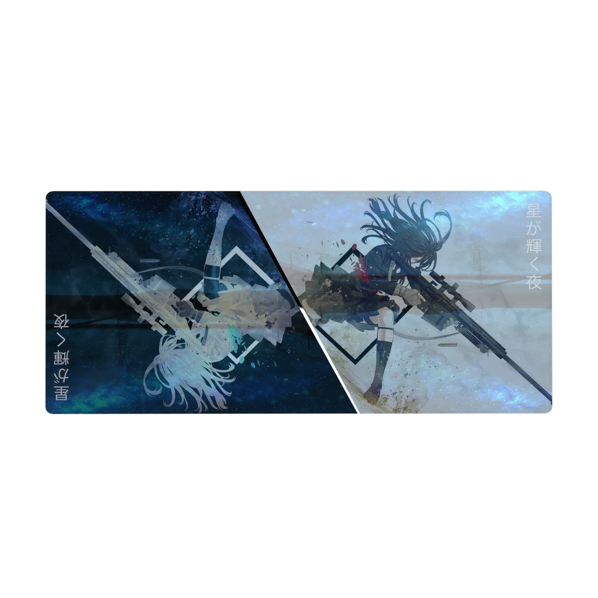 Anime girl desk pad 36x16 inches with split galaxy-blue and stormy haze, mirrored silhouette, sniper theme.