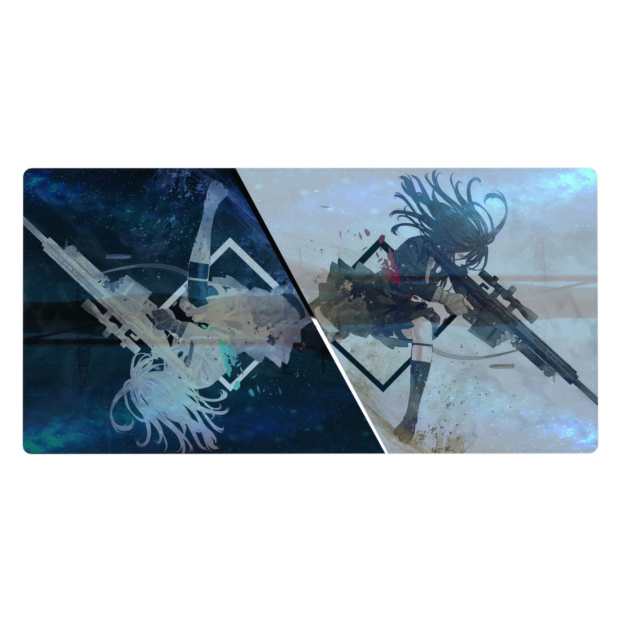 40x20 inches anime girl desk pad with split galaxy-blue and stormy haze, mirrored white silhouette, sniper theme.