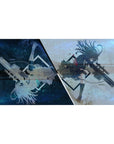 40x20 inches anime girl desk pad with split galaxy-blue and stormy haze, mirrored white silhouette, sniper theme.