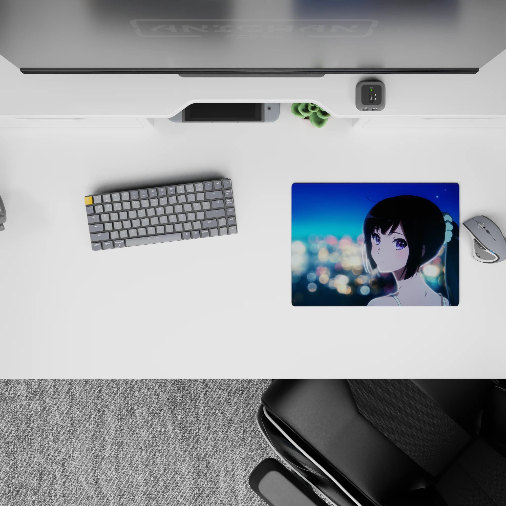 14x10 inches anime girl mouse pad in teal and sapphire night hues, dreamy midnight romance mood.