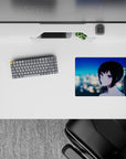 14x10 inches anime girl mouse pad in teal and sapphire night hues, dreamy midnight romance mood.