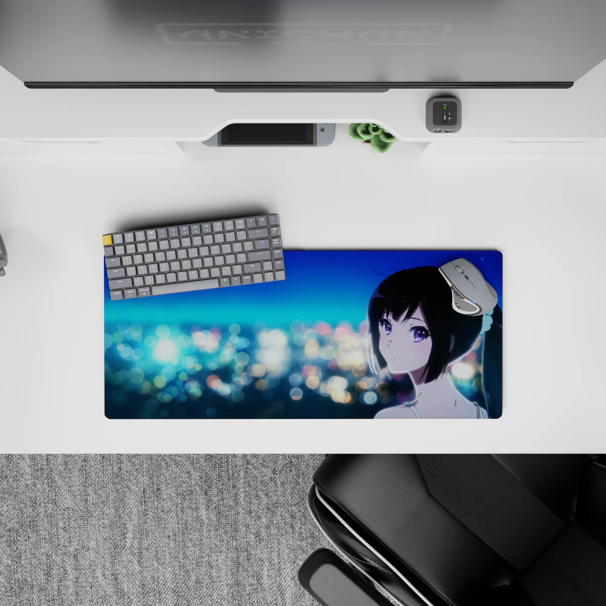 28x12 inches anime desk mat in teal and sapphire midnight romance tones with dreamy after-dark glow.