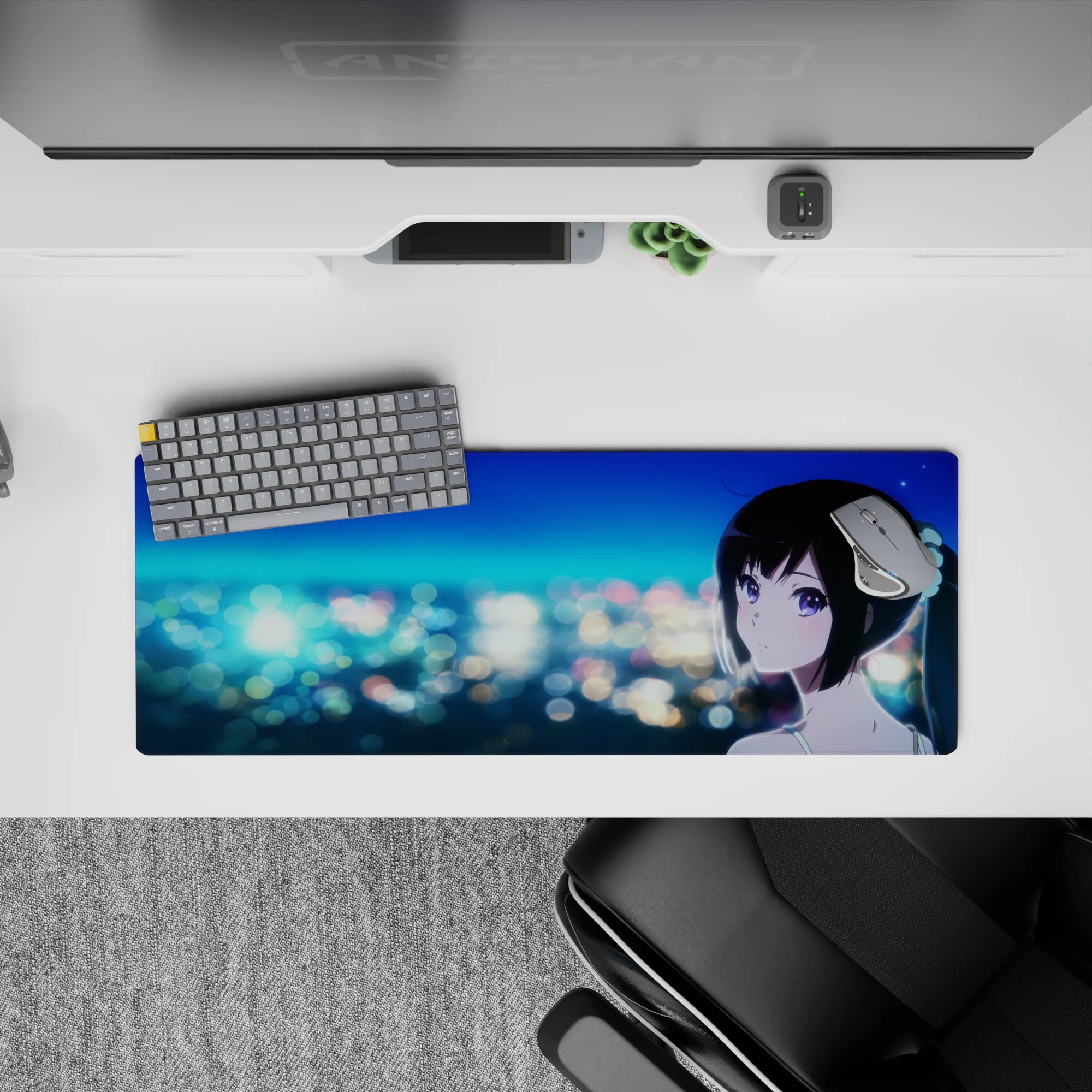 32x12 inches midnight romance mouse pad in teal and sapphire tones with violet-eyed anime art.