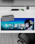 32x12 inches midnight romance mouse pad in teal and sapphire tones with violet-eyed anime art.