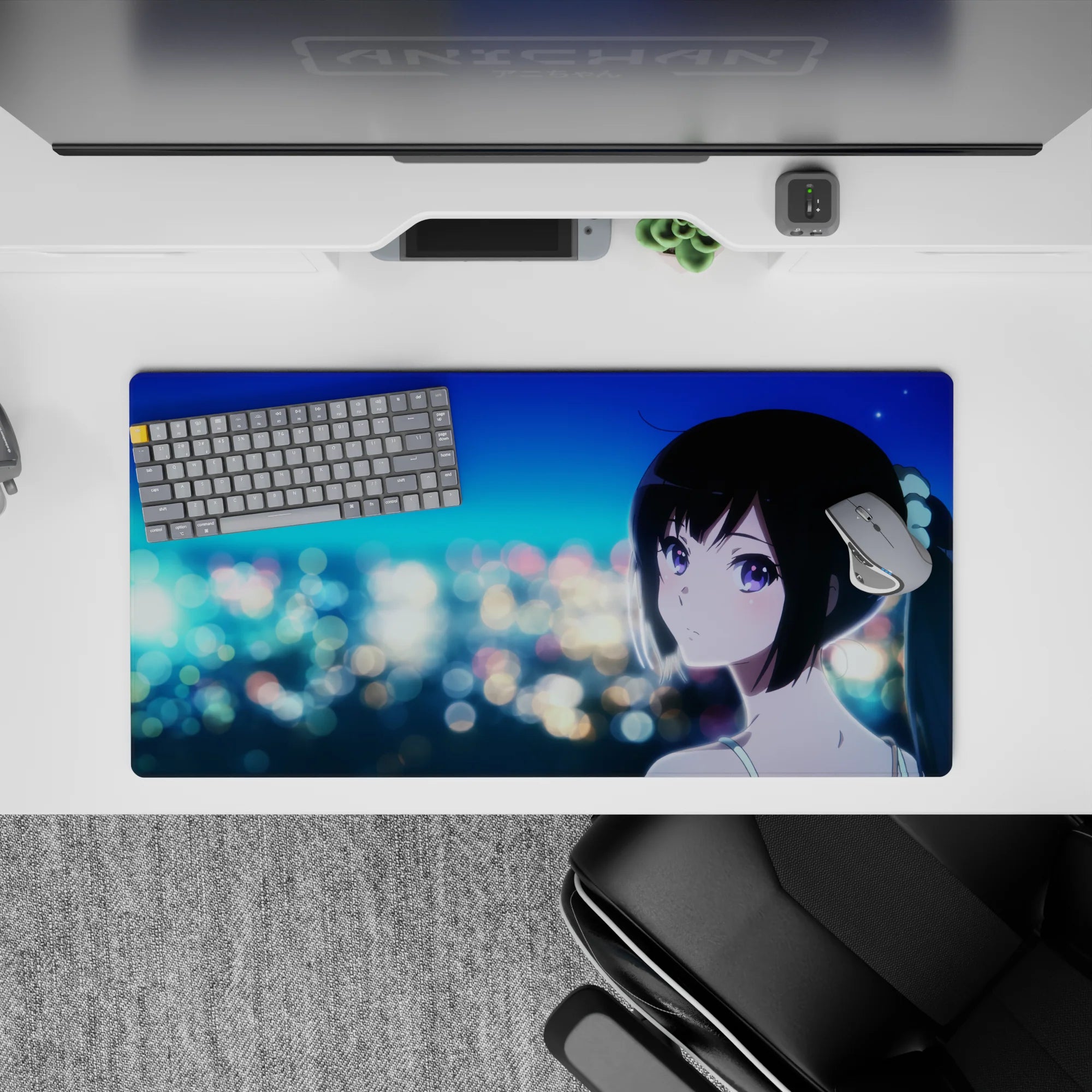 32x16 inches anime desk mat in teal and sapphire midnight romance tones with soft bokeh lights.