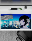 32x16 inches anime desk mat in teal and sapphire midnight romance tones with soft bokeh lights.