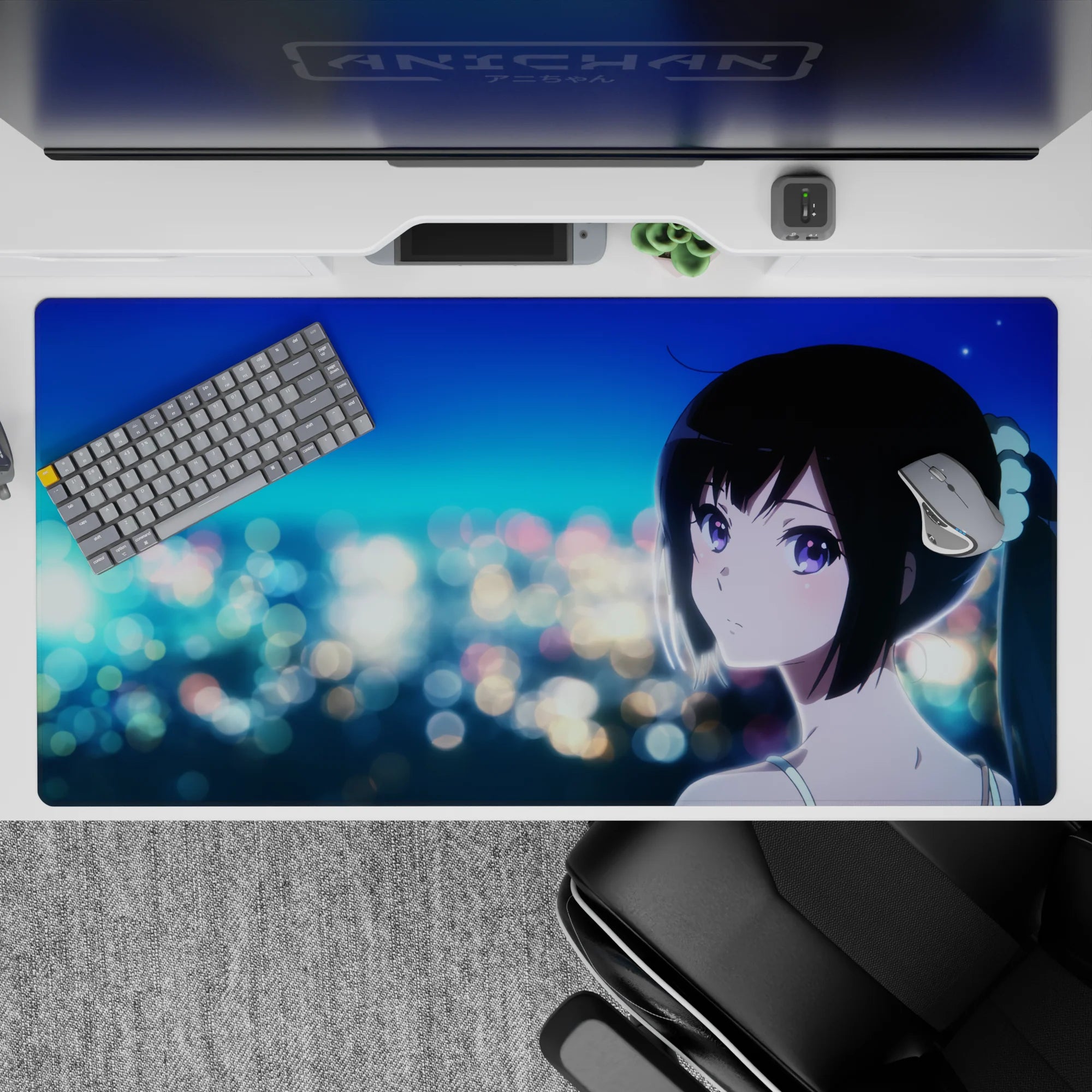 Midnight romance desk pad 40x20 inches in teal and sapphire tones with soft bokeh lights and violet eyes.