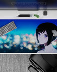 Midnight romance desk pad 40x20 inches in teal and sapphire tones with soft bokeh lights and violet eyes.