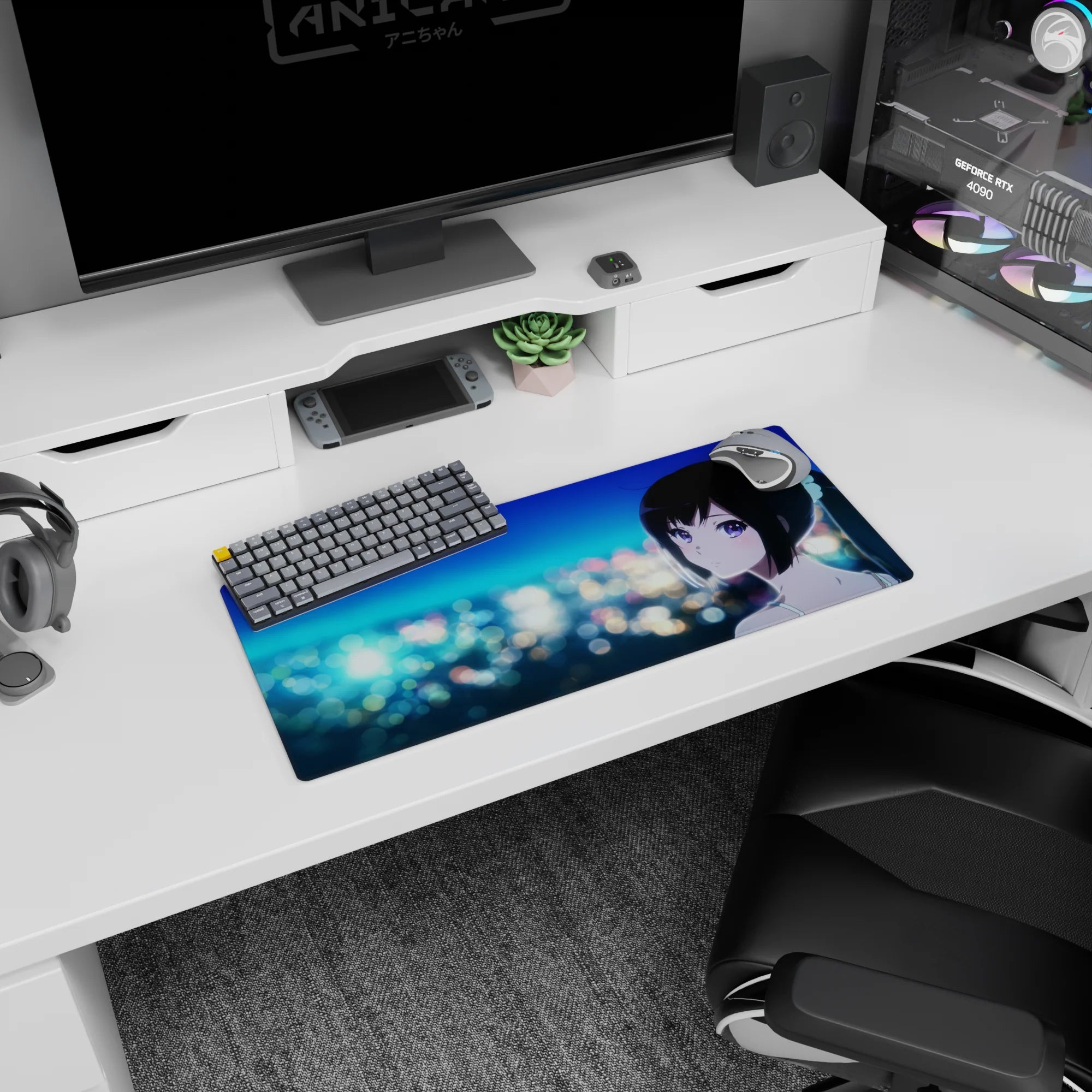28x12 inches mouse pad showing an anime girl with violet eyes by blurred city lights, perfect for RGB setups.