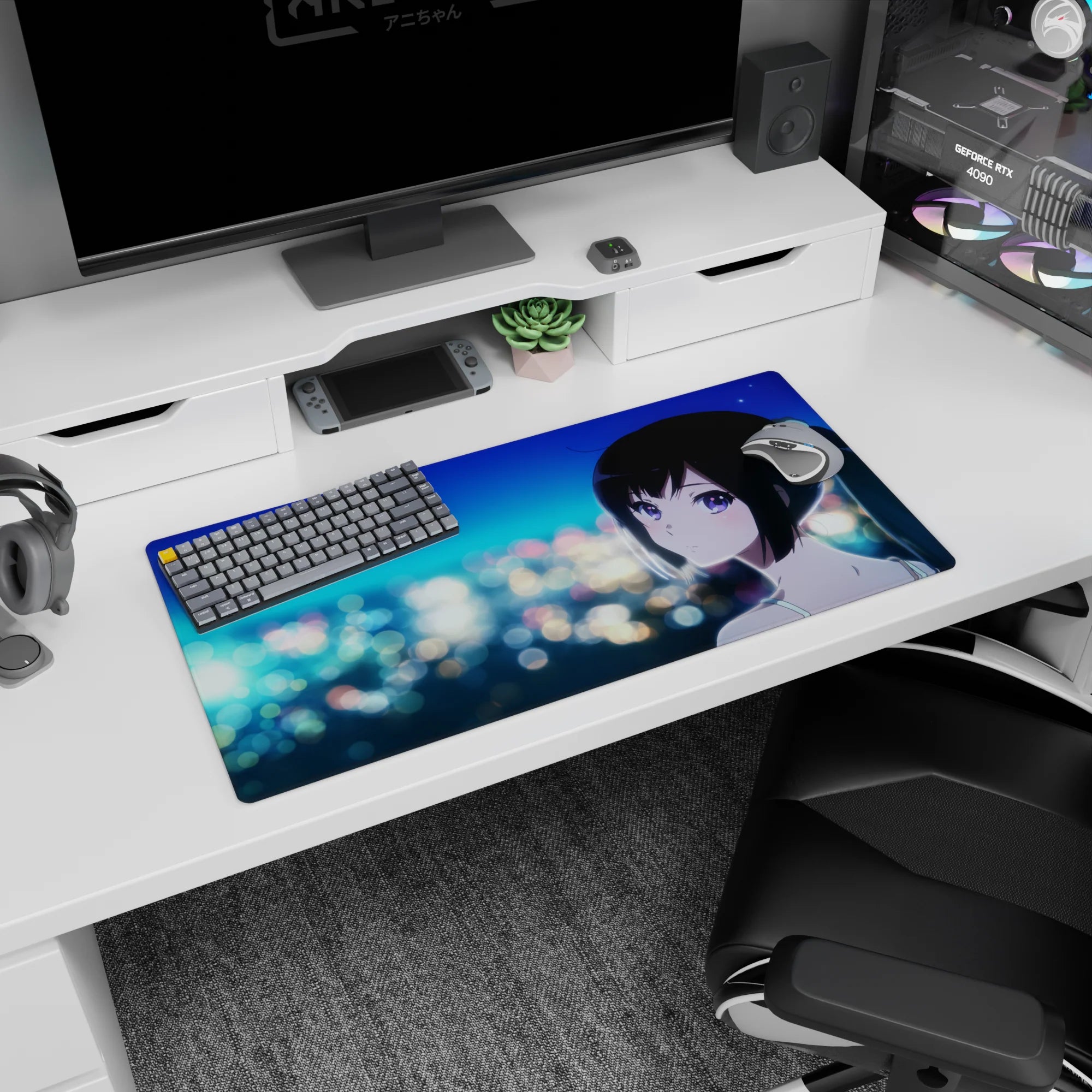 32x16 inches mouse pad featuring violet-eyed anime girl with black ponytail against a dreamy night city.