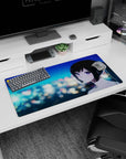 32x16 inches mouse pad featuring violet-eyed anime girl with black ponytail against a dreamy night city.