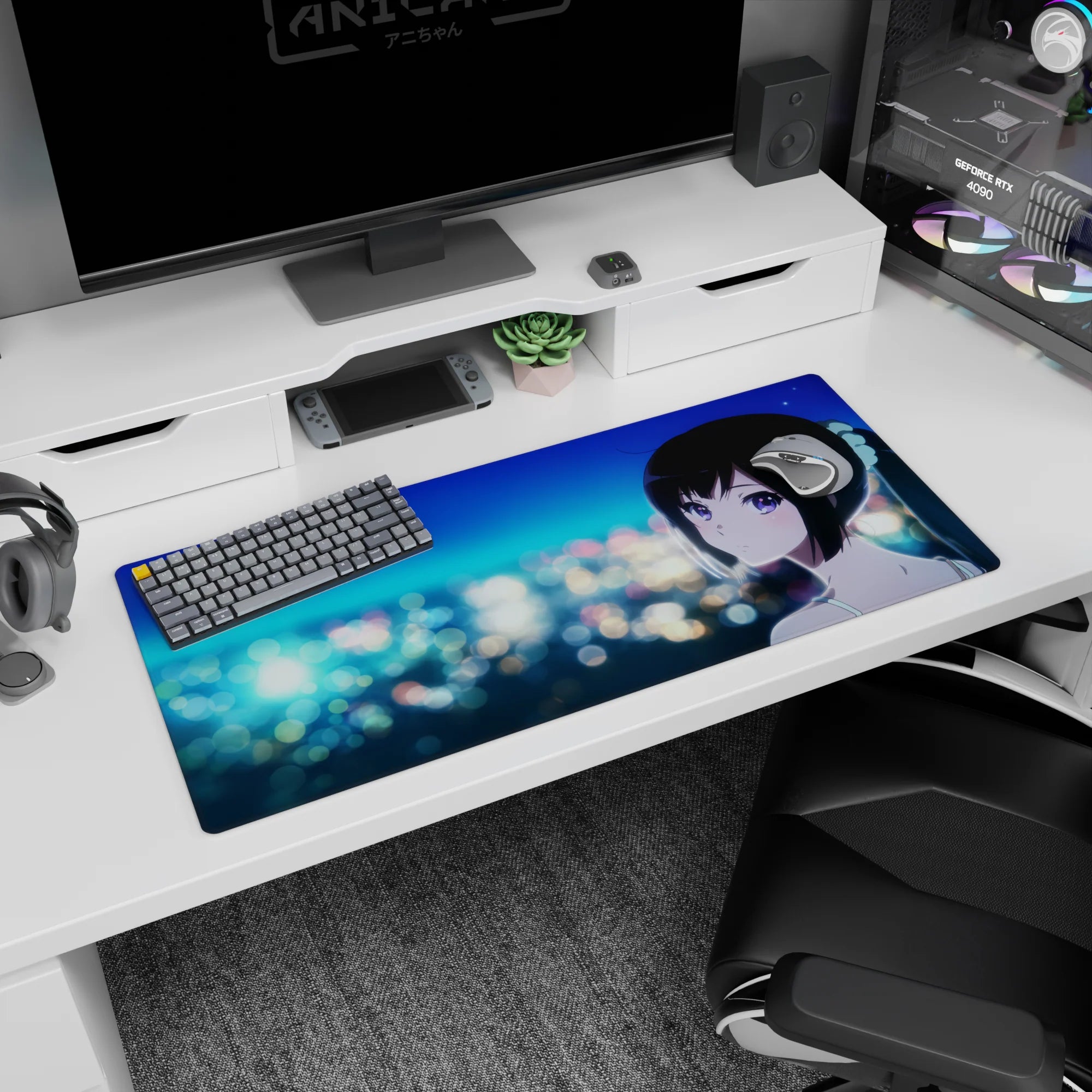 Close-up anime girl desk pad 36x16 inches, black ponytail and violet eyes set against night lights.