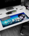 Close-up anime girl desk pad 36x16 inches, black ponytail and violet eyes set against night lights.