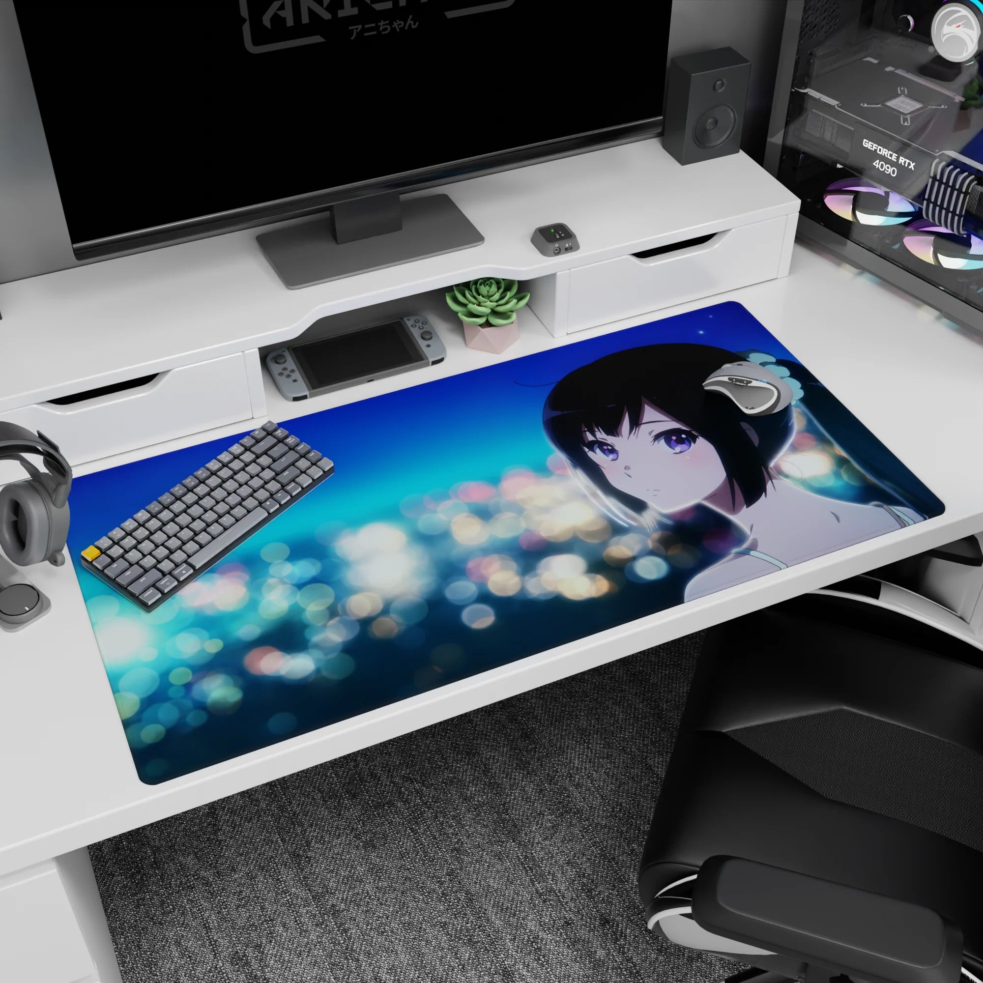 Anime girl with violet eyes and black ponytail against dreamy night city lights desk pad 40x20 inches.