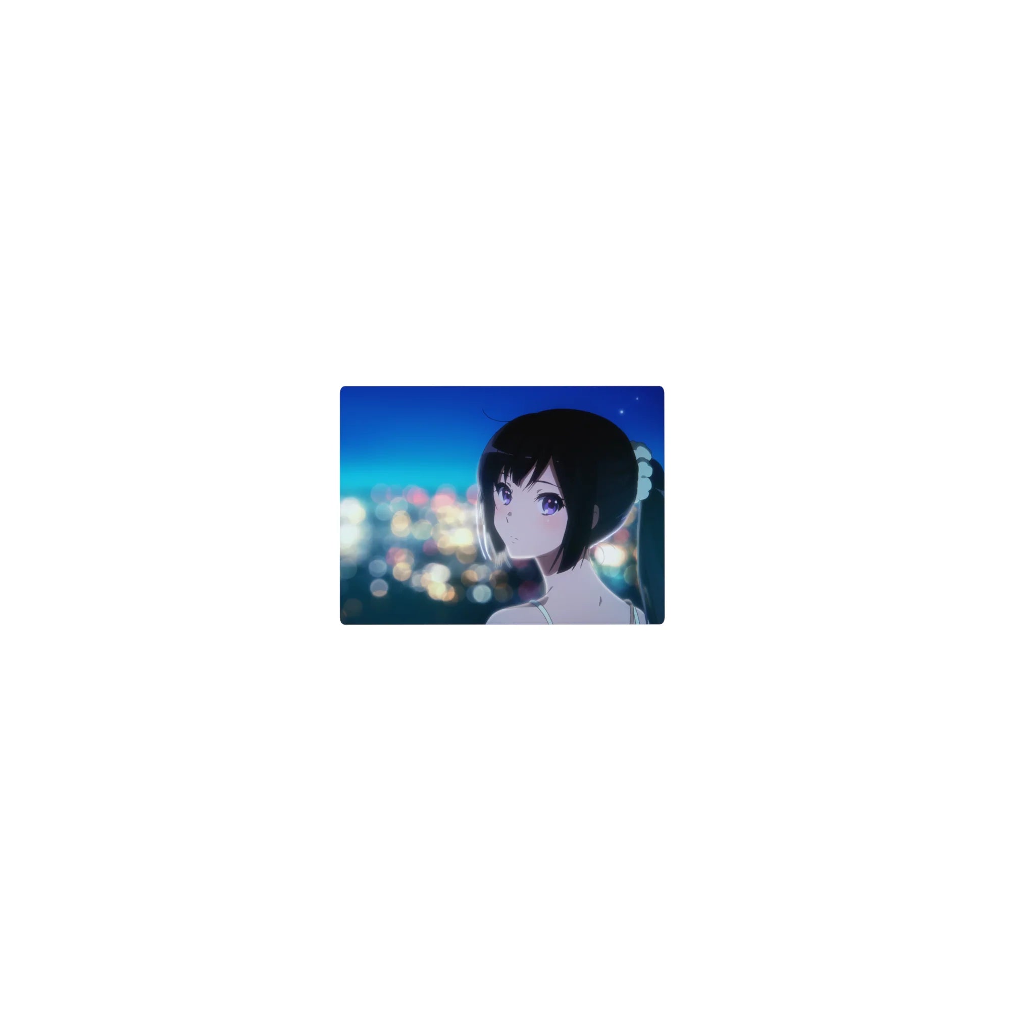 Classic anime girl mouse pad 14x10 inches with city skyline bokeh and sleek ponytail portrait.