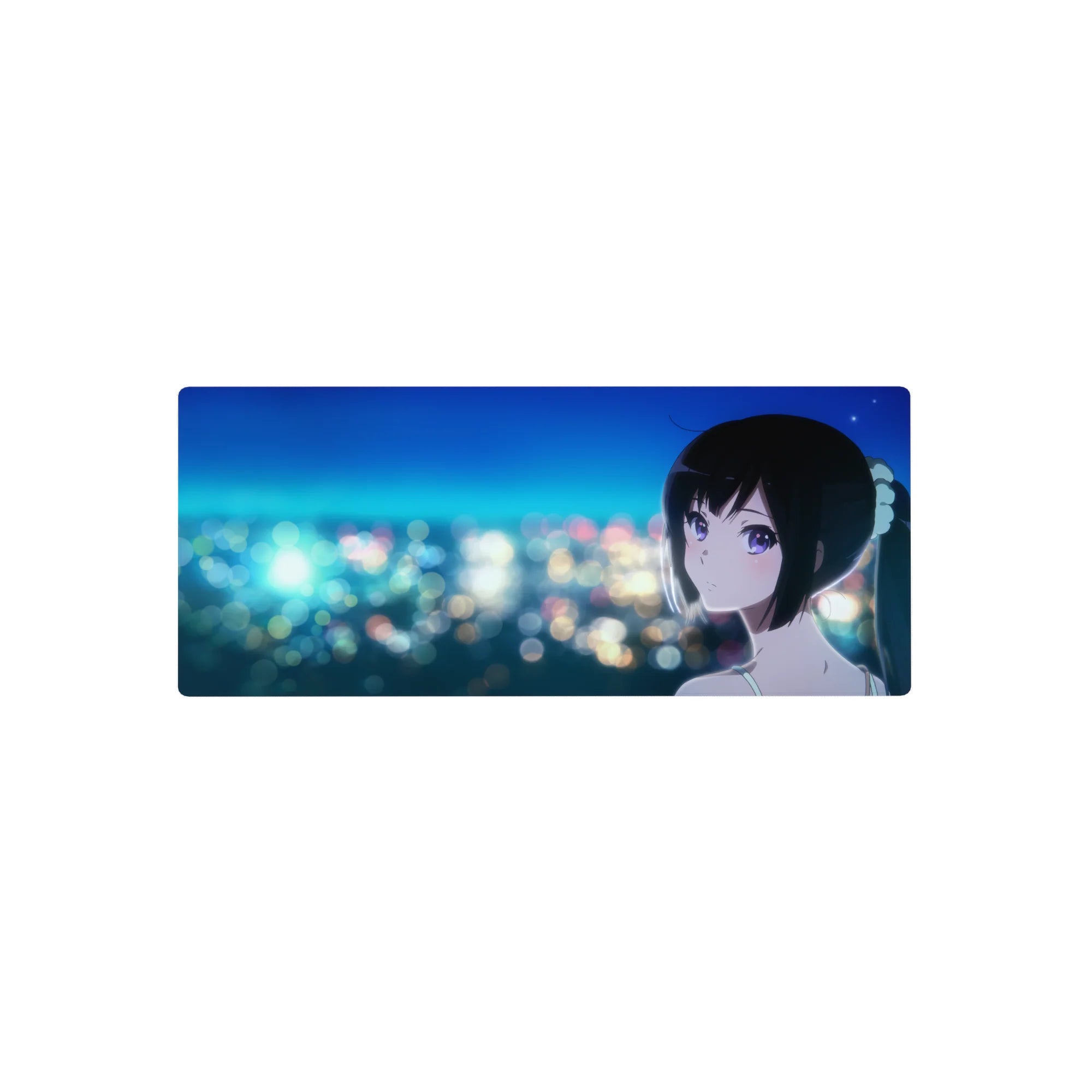28x12 inches anime girl mouse pad with city bokeh skyline, glossy black ponytail and violet eyes.