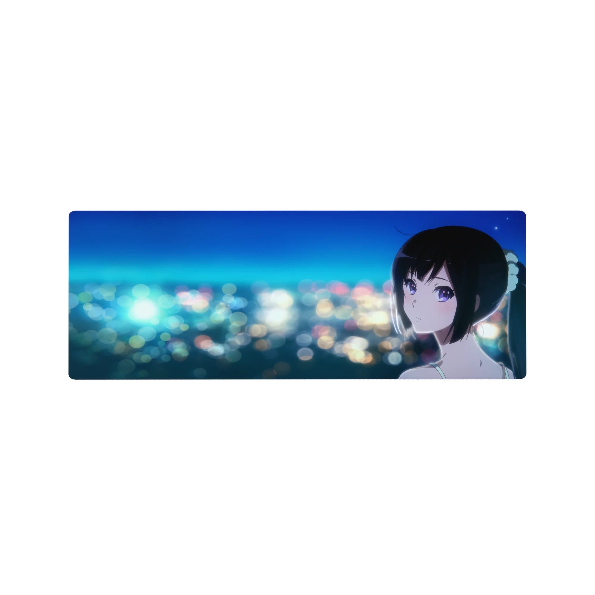 32x12 inches anime girl desk mouse pad with glossy black ponytail and city bokeh skyline design.