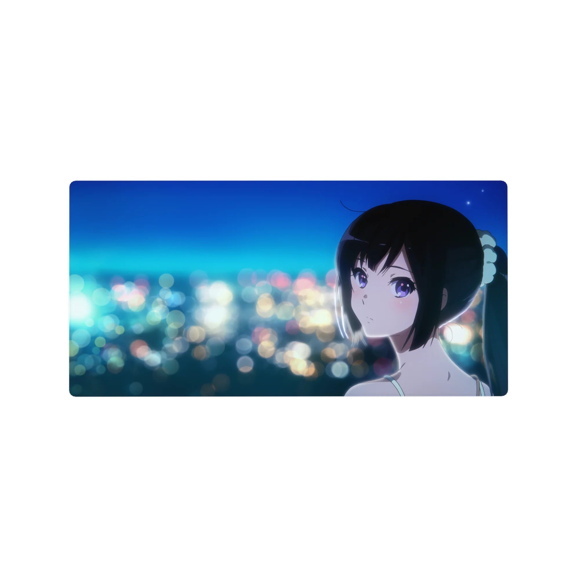 32x16 inches anime girl mouse pad with city bokeh skyline, glossy black ponytail and violet eyes.