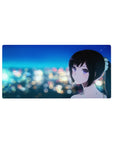 32x16 inches anime girl mouse pad with city bokeh skyline, glossy black ponytail and violet eyes.