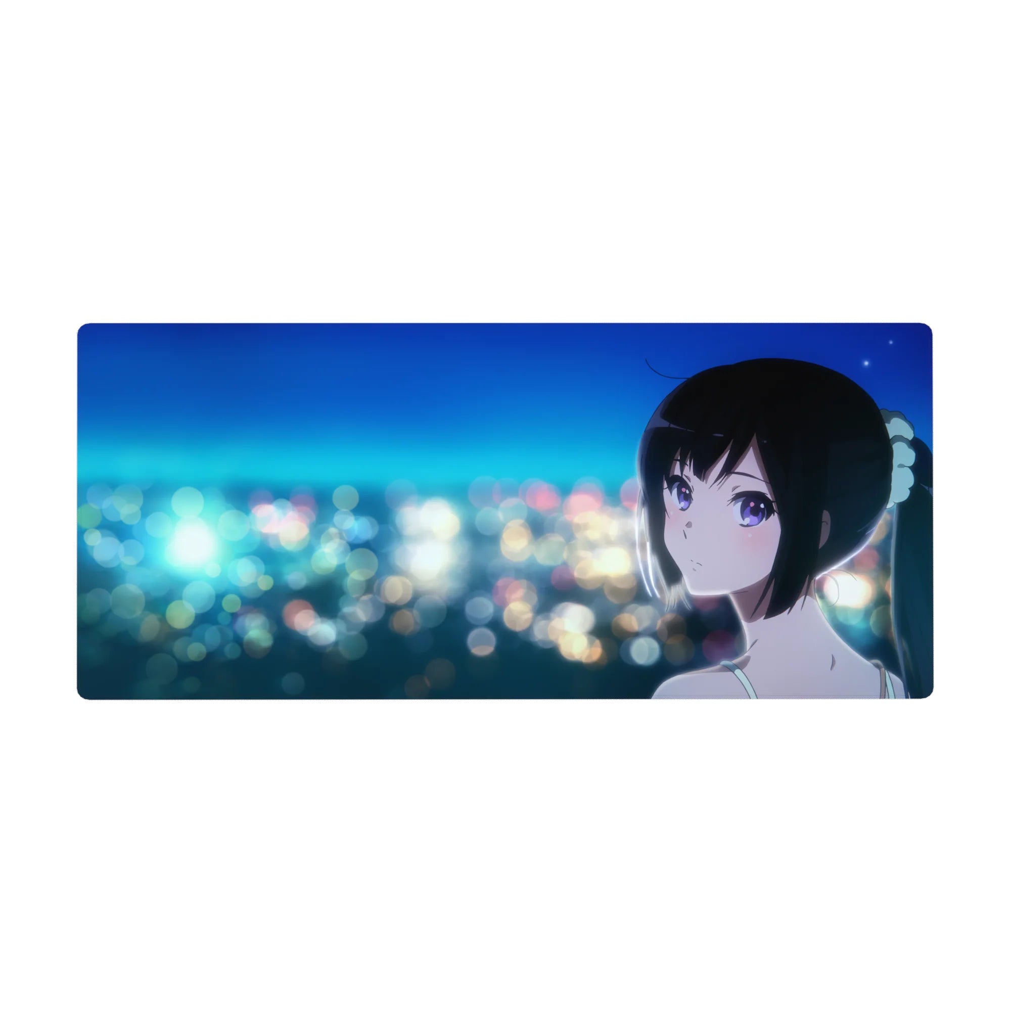 Anime girl desk pad 36x16 inches with city bokeh skyline, glossy ponytail, and violet eyes.
