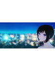 Anime girl desk pad 36x16 inches with city bokeh skyline, glossy ponytail, and violet eyes.