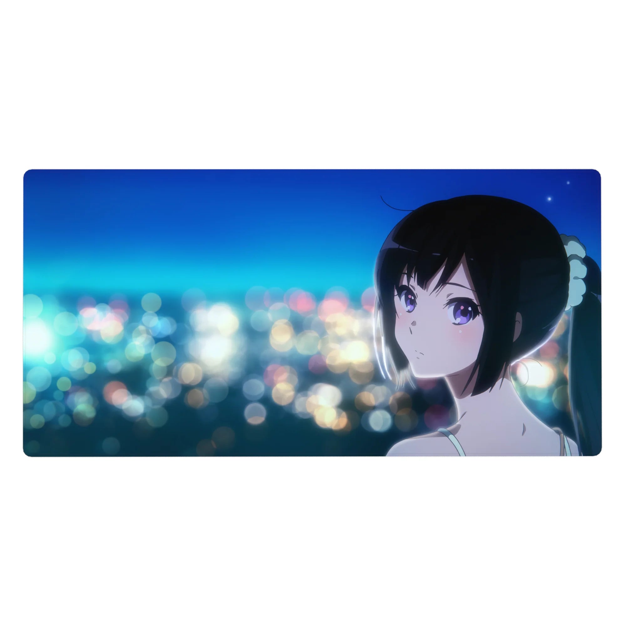 Anime girl desk pad 40x20 inches with city skyline bokeh and glossy black ponytail, RGB-ready.