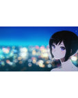 Anime girl desk pad 40x20 inches with city skyline bokeh and glossy black ponytail, RGB-ready.
