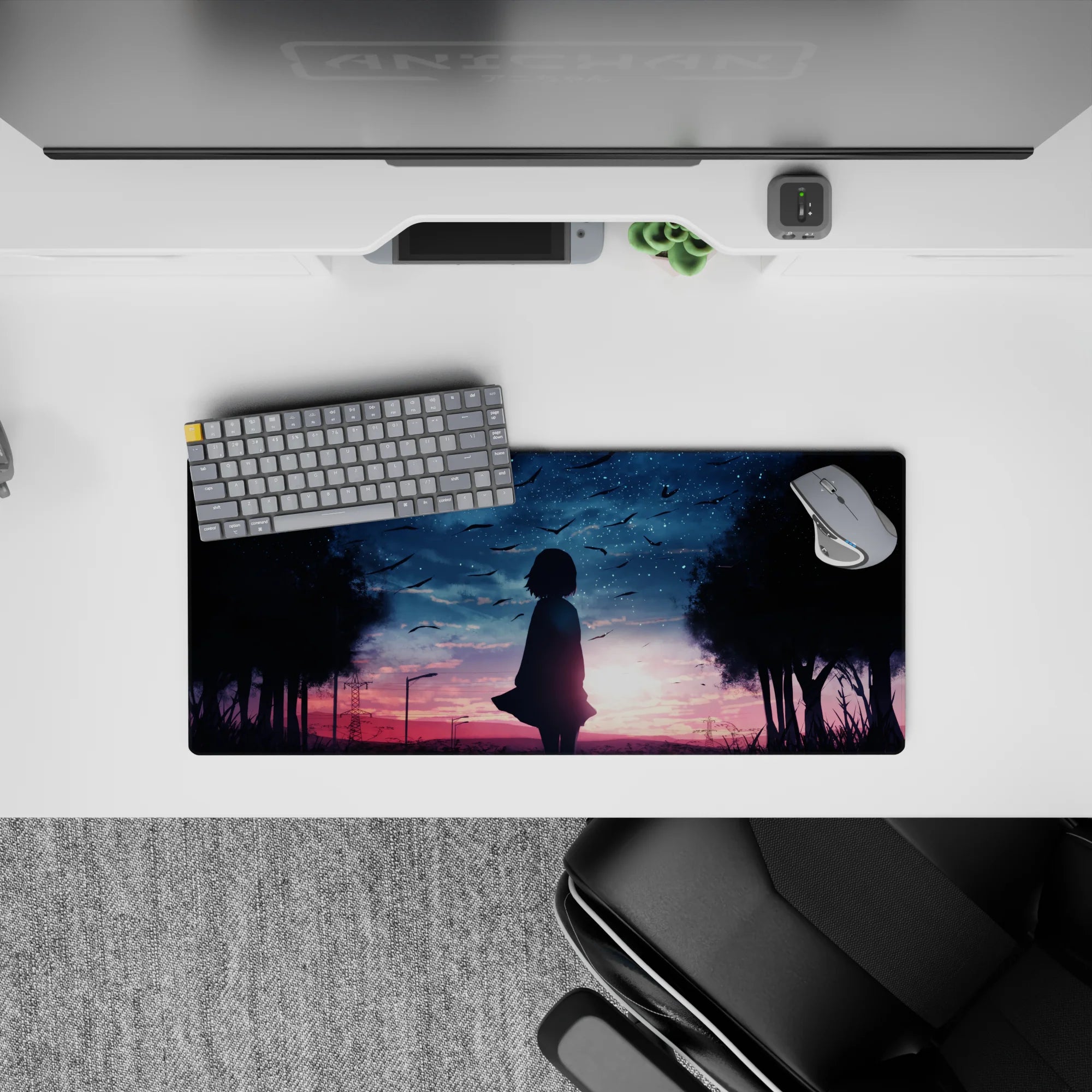Anime girl mouse pad 28x12 inches in pink-violet to deep blue gradient, dreamy and bittersweet dusk.