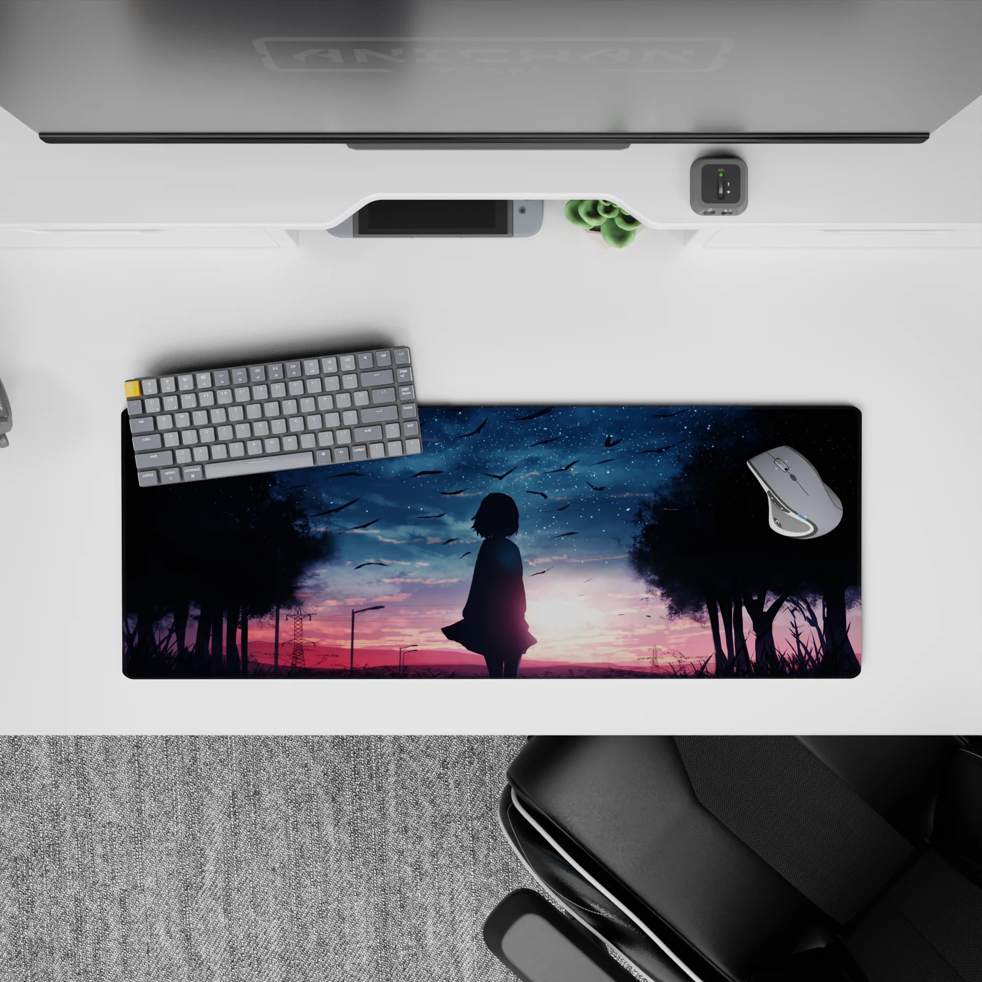Anime girl mouse pad 32x12 inches in pink-violet sunset fading to cool navy, soft bittersweet vibe.