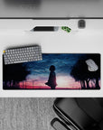 Anime girl mouse pad 32x12 inches in pink-violet sunset fading to cool navy, soft bittersweet vibe.