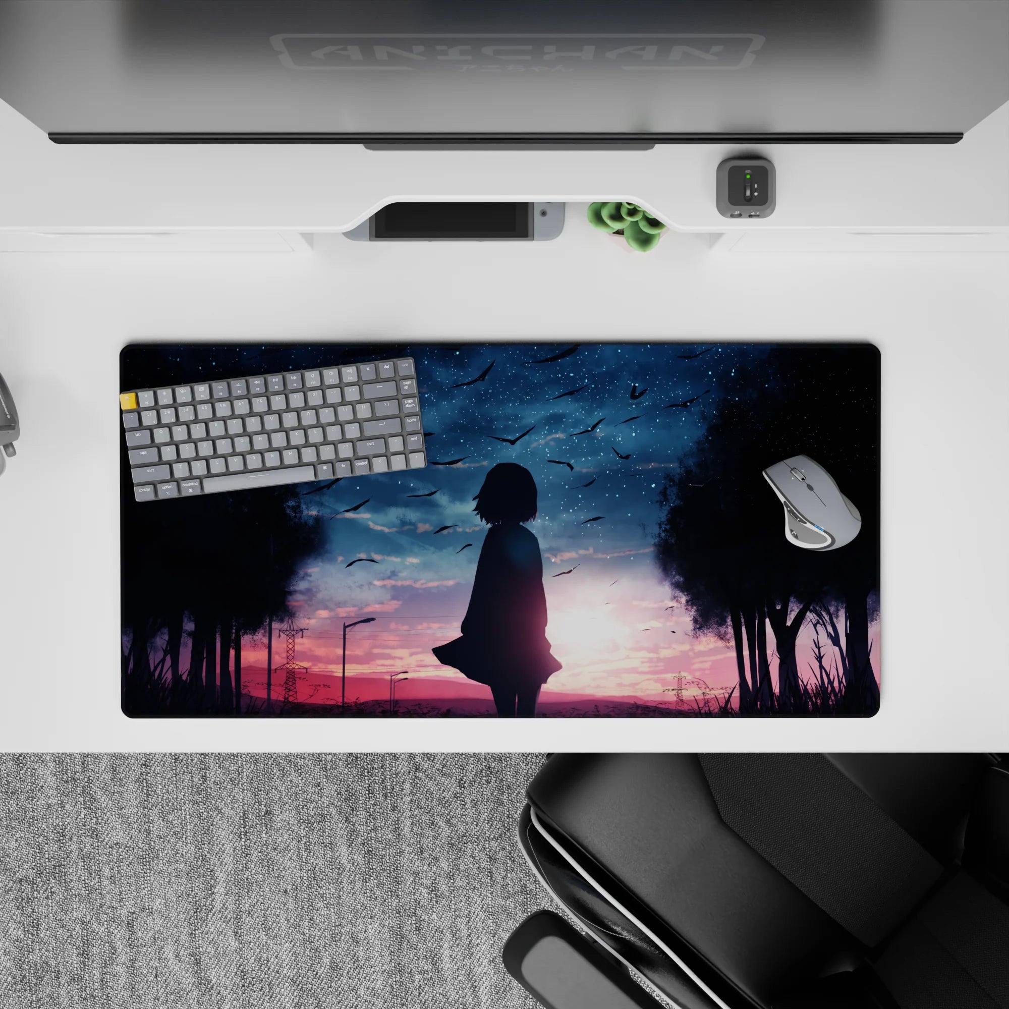 32x16 inches anime girl mouse pad in pink-violet to deep navy gradient, calm dreamy bittersweet vibe.