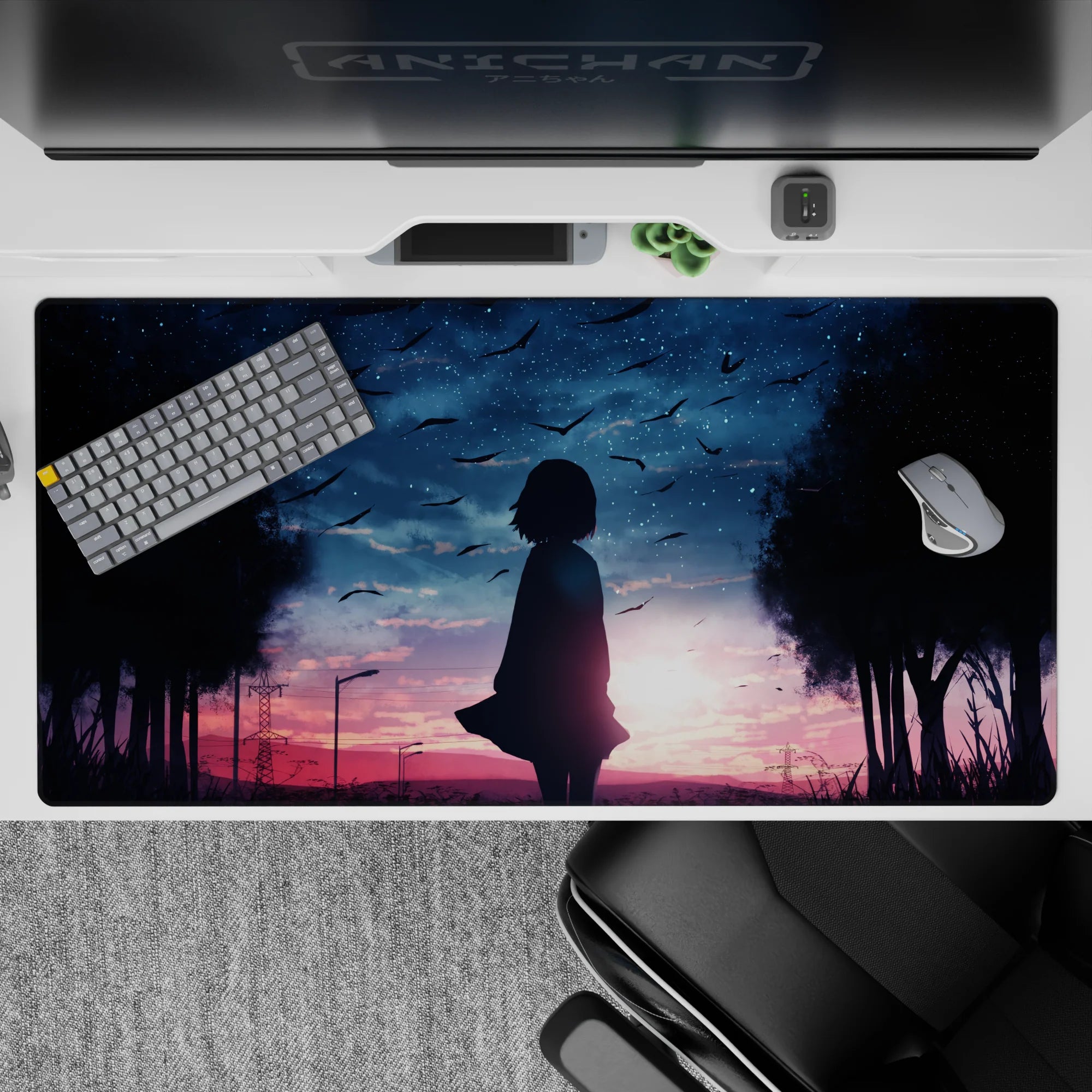 40x20 inches anime girl desk pad in pink-violet dusk fading to deep navy, soft bittersweet vibe.